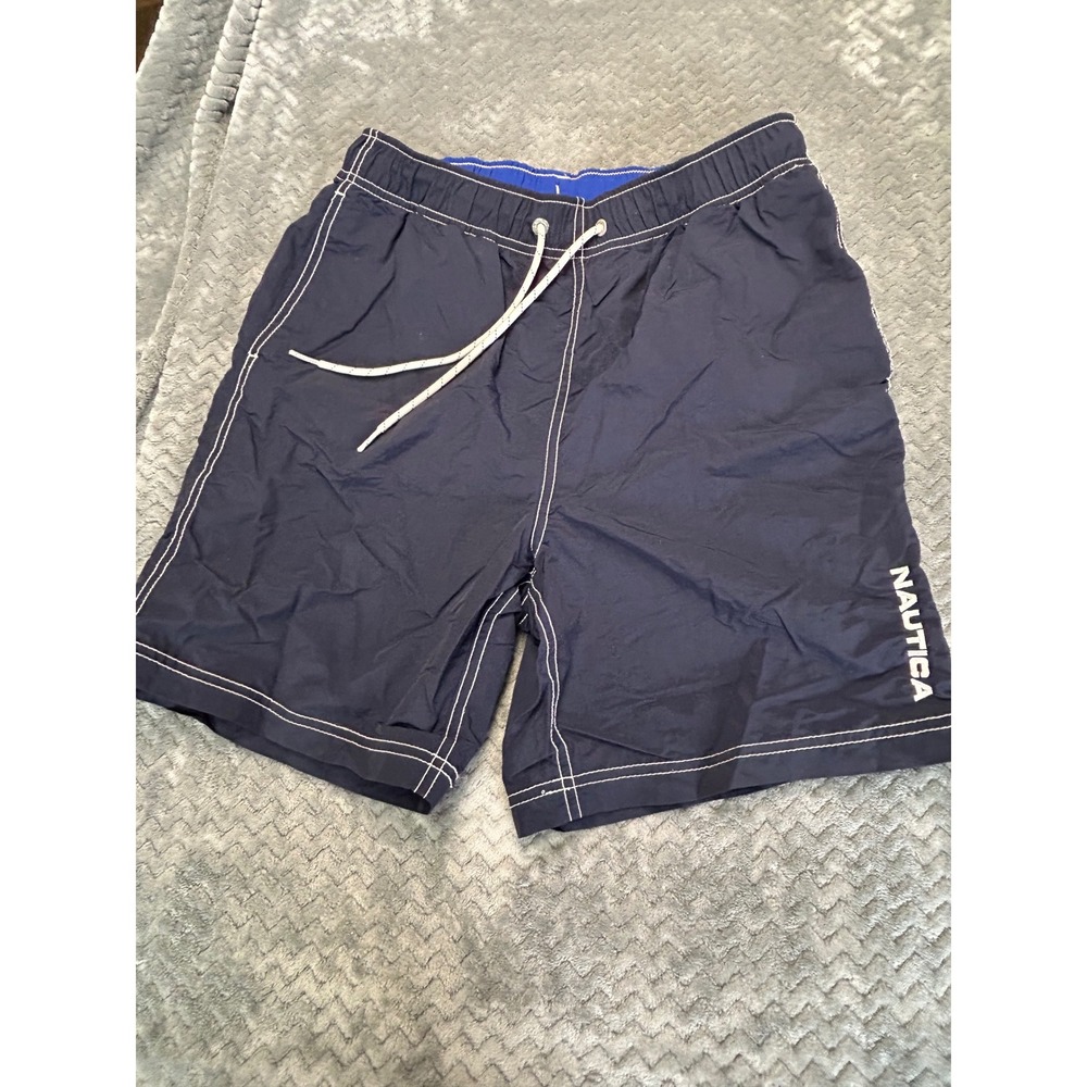 Nautica Boys Navy Blue Swim Trunks Contrast Stitching Mesh Lined‎ Size S Small